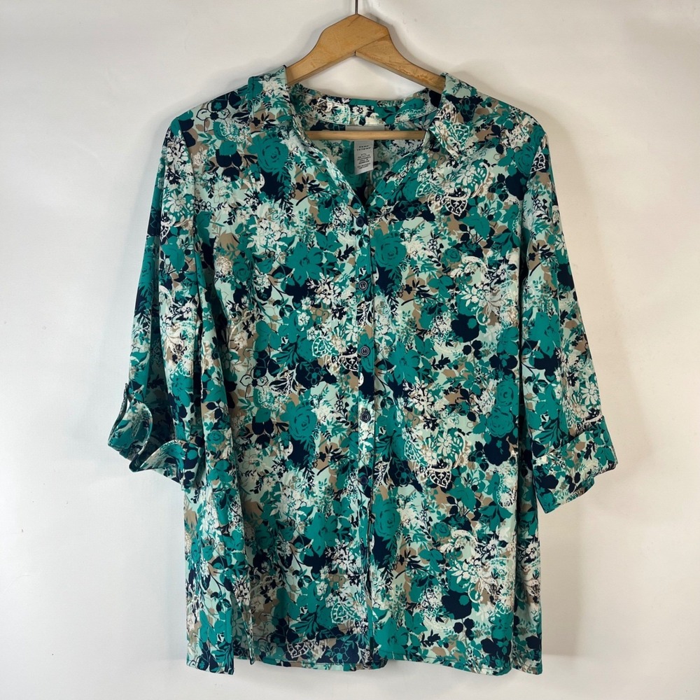 Catherines Blouse Womens 0XWP Teal Floral 3/4 Roll-Tab Sleeve Button Down Top